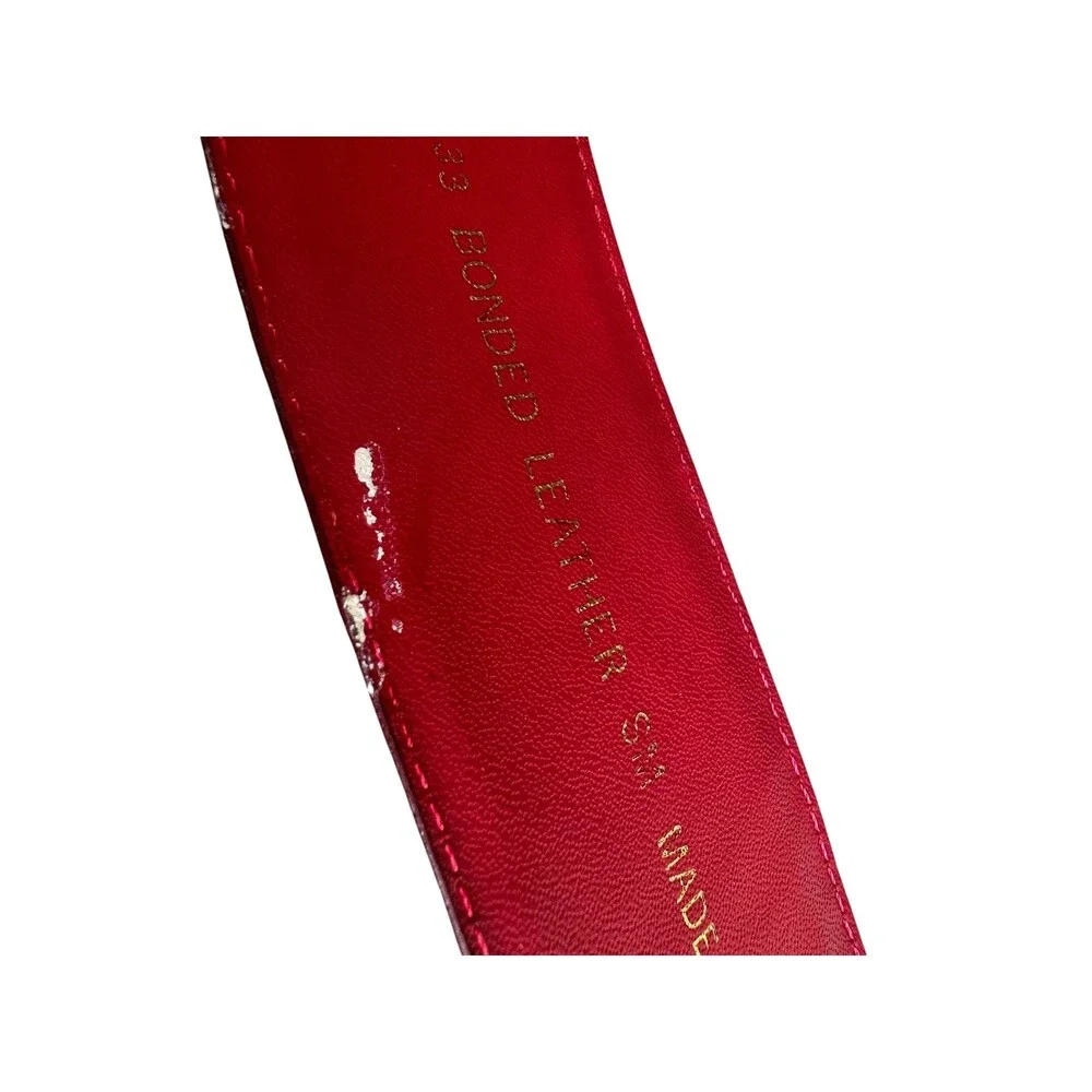 Vintage Milor Red Embossed Leather Belt, Big Gold Buckle, Size Small 32